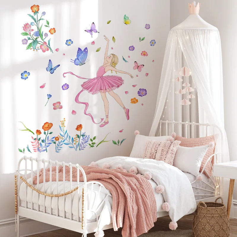 Butterfly Flower Dance Girl Wall Stickers DIY Background Wall Living Room Bedroom Home Decoration Sticker Waterproof Antifoulin