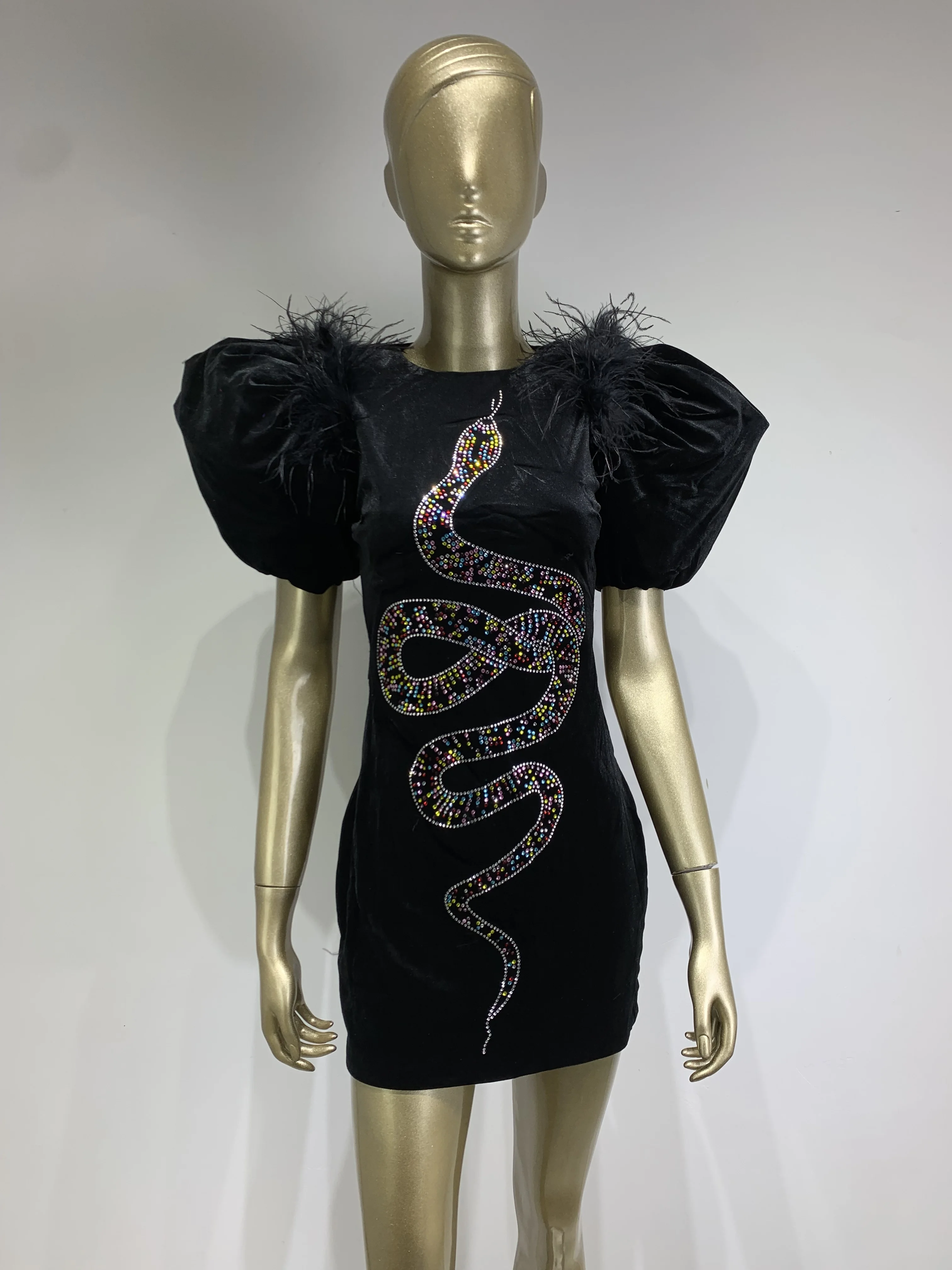 Women Summer Runway Sexy Puff Sleeve Snake Crystal Diamonds Velvet Black Mini Dress 2024 High Street Celebrity Club Party Dress