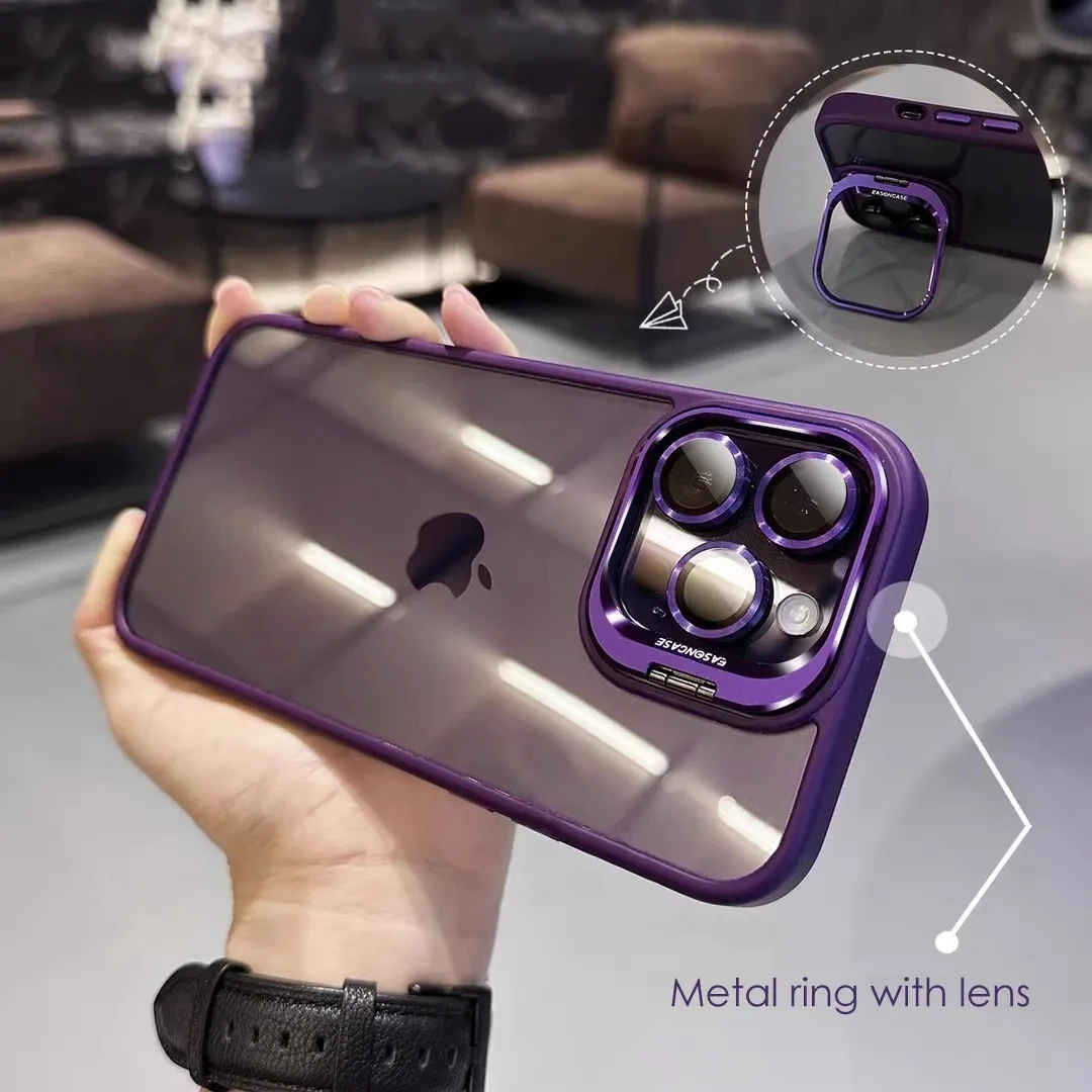 Lens Metal Ring Protector Stand Phone Case For IPhone 13 11 12 14 15 16 Pro Max Plus Camera Glass Lens Film Transparent PC Cover image 3