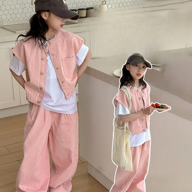 

Girls Suits Summer 2024 New Fashion Medium Children Summer Wear Korean Casual Waistcoat Wide-leg Pants Two-piece Set Clothes