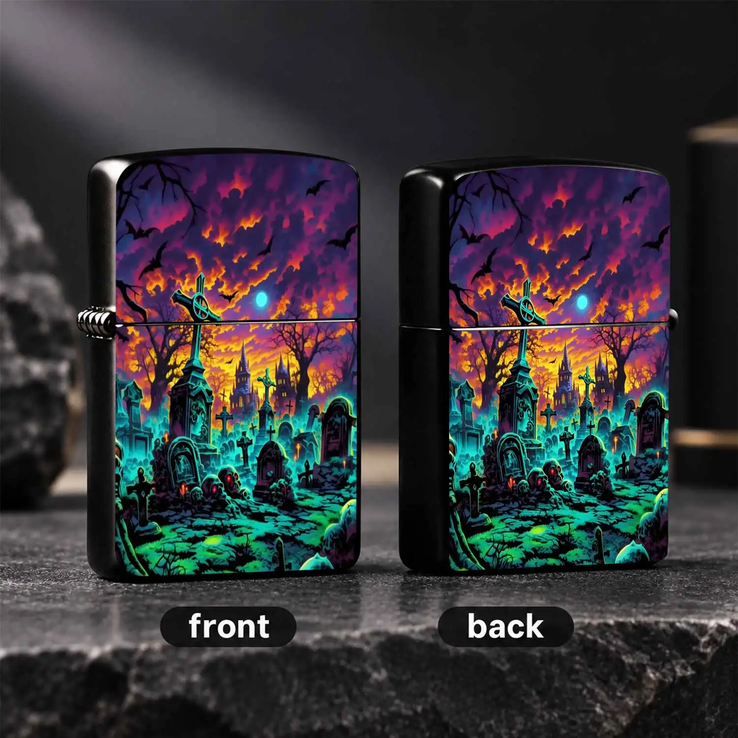 Fantasy Glowing Graveyard Themed Lighter, Spooky Neon Cemetery Art Portable Igniter, Vibrant Gothic Sunset Bat Scene Decor, Versatile For Daily Use Halloween Parties, Unique Eye-Catching Gift For Art Lovers And Gothic Enthusiasts A Humorous