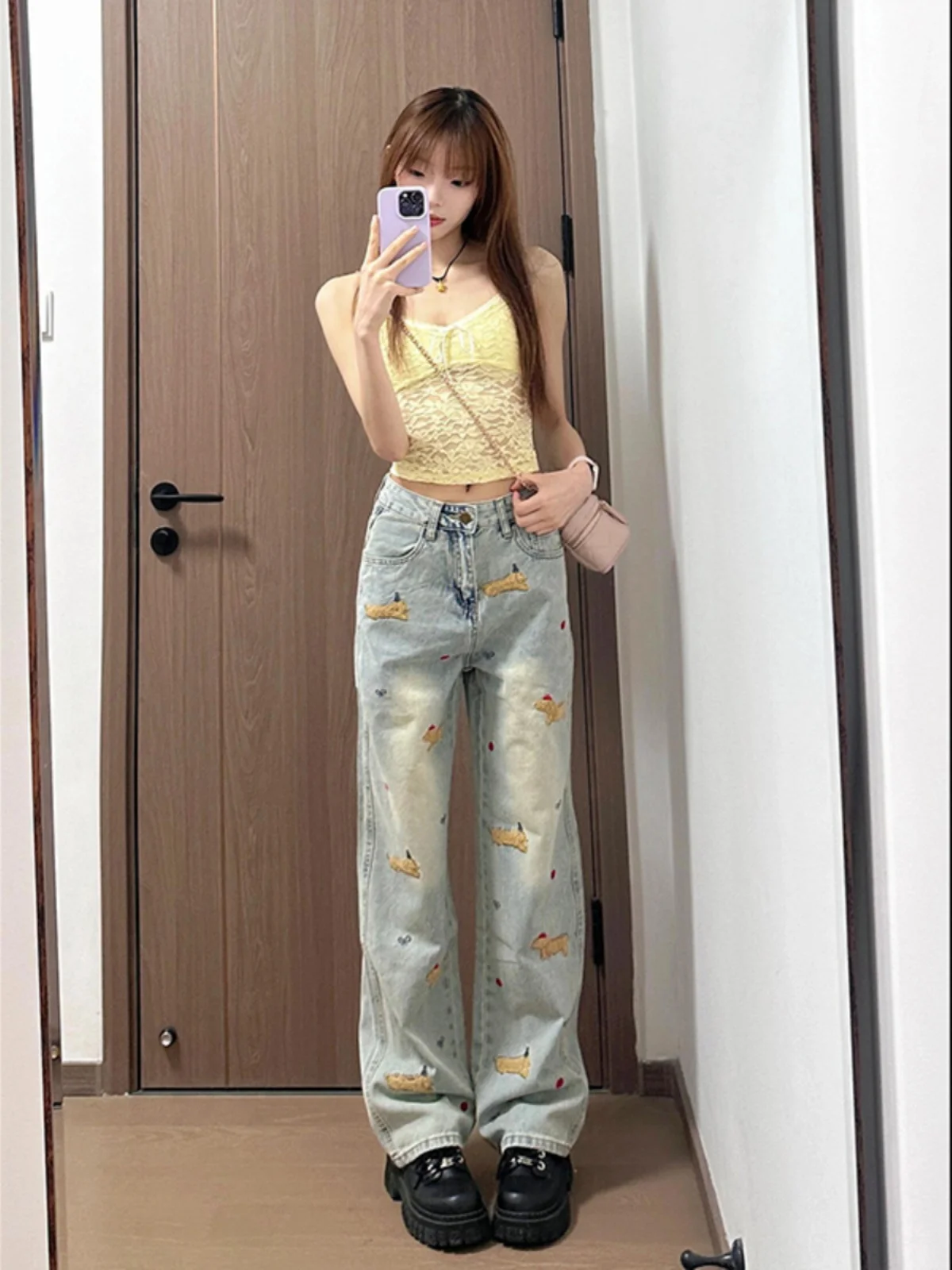 

High Waist Wide Leg Cartoon Denim Jeans for Taller Women Spring Summer New Sle Sausage Dog Design Slimming Floor-Length Pants