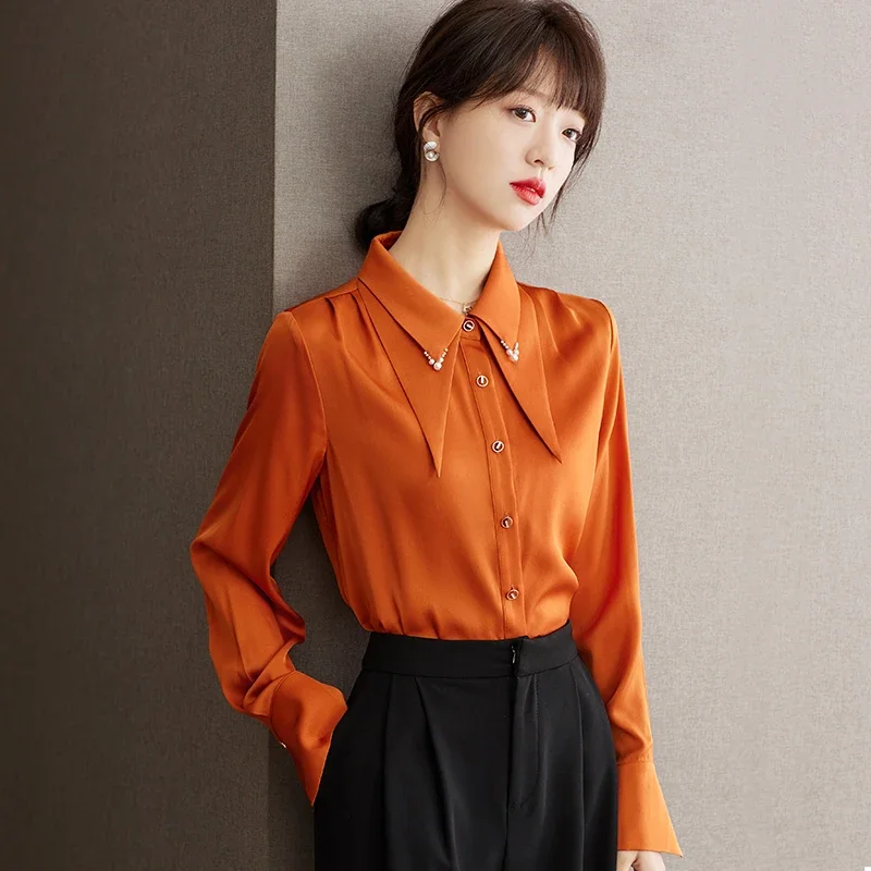 Fashion Autumn Office Lady Long Sleeve Doll Collar Women Shirt Chiffon Shirt Blouse Women Tops Camisas Blusas Para Mujer A602