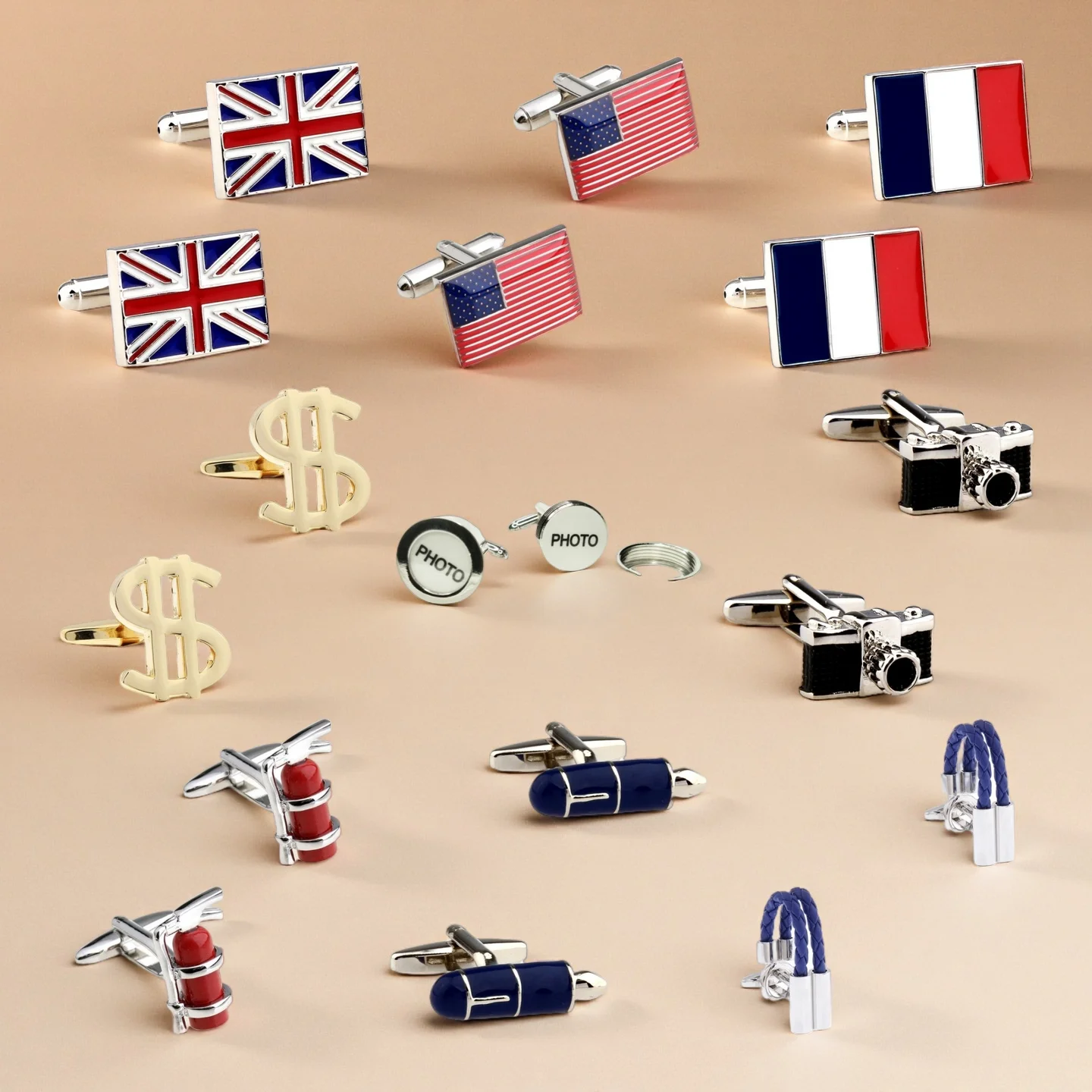 28 Designs Flag Camera Photo Cufflinks Men Pen Leather Dollar Cuff Links (2 Pairs / Lot)