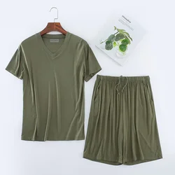 L-8XL Summer Modal Pajama Sets Thin Short Sleeve T-shirt Shorts Sleepwear Mens Casual V-Neck Solid Home Clothing Plu Size 2024