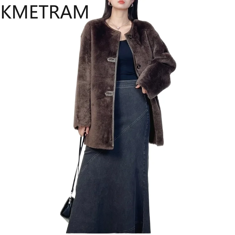 

Natural Wool Sheepskin Double Faced Fur Jacket Women Mid Length Coffee Colored Real Fur Coat Winter Woman Clothing 2025 abrigos