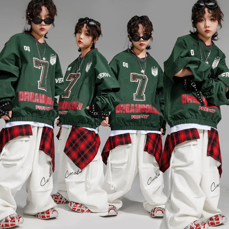 4-16 Child Boys Girls Hip Hop Loose Sweatshirt Cargo Pants Suits Track Sets Kids Dance Performance Clothes Streetwear Costume