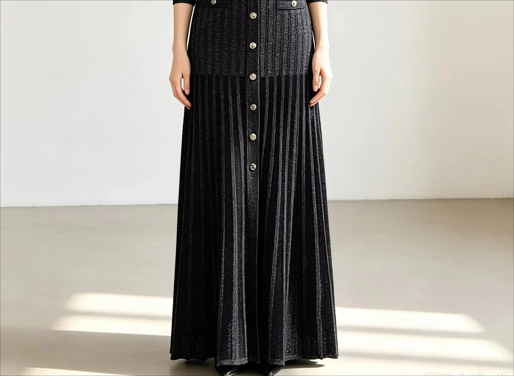 Women's Elegant Knit Midi Dress, Round Neck 3/4 Sleeve, Button Front Pleated Hem Slim Fit Vintage Office Party Dress