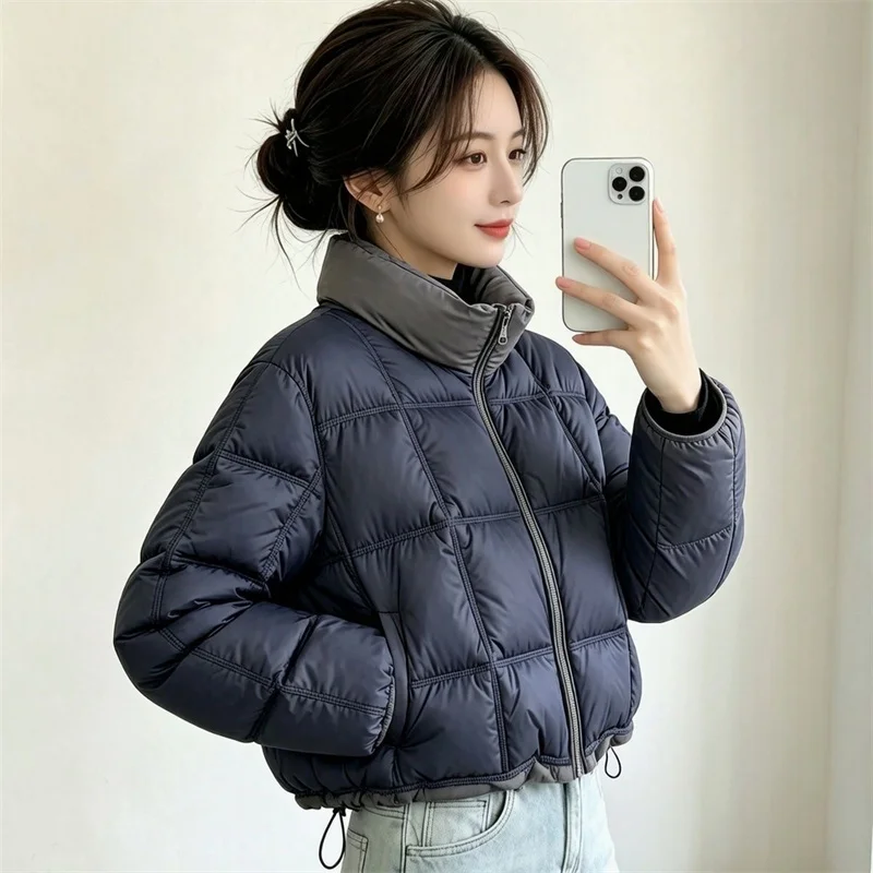 Autumn Winter 2026 Short Down Cotton Coat Women Contrasting Spliced Cotton Jacket Fashion Thickened Warm Parker Overcoat