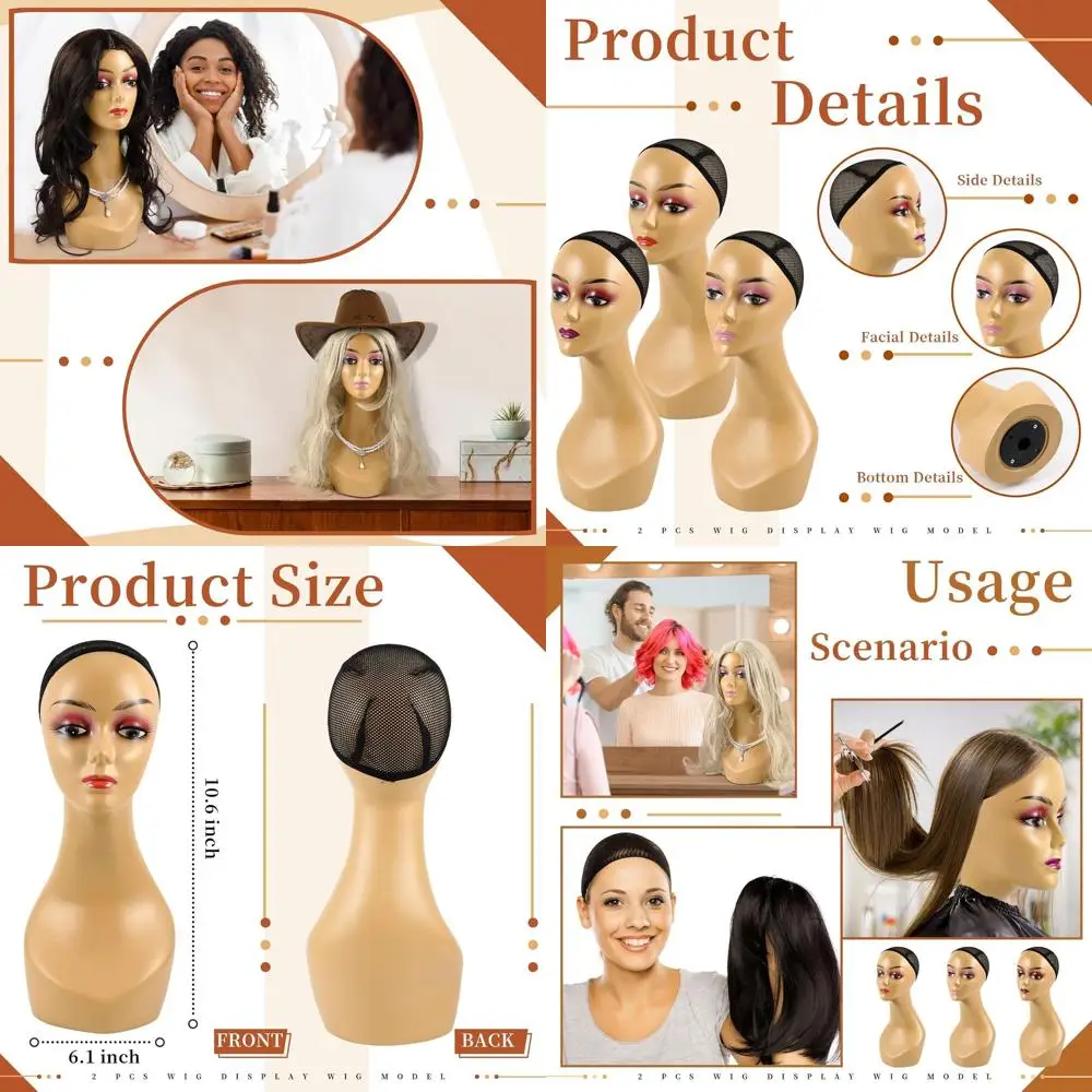 

4pcs Female Mannequin Heads for Wigs, Sunglasses, and Accessories Display, 19 Lifelike Plastic, Brown