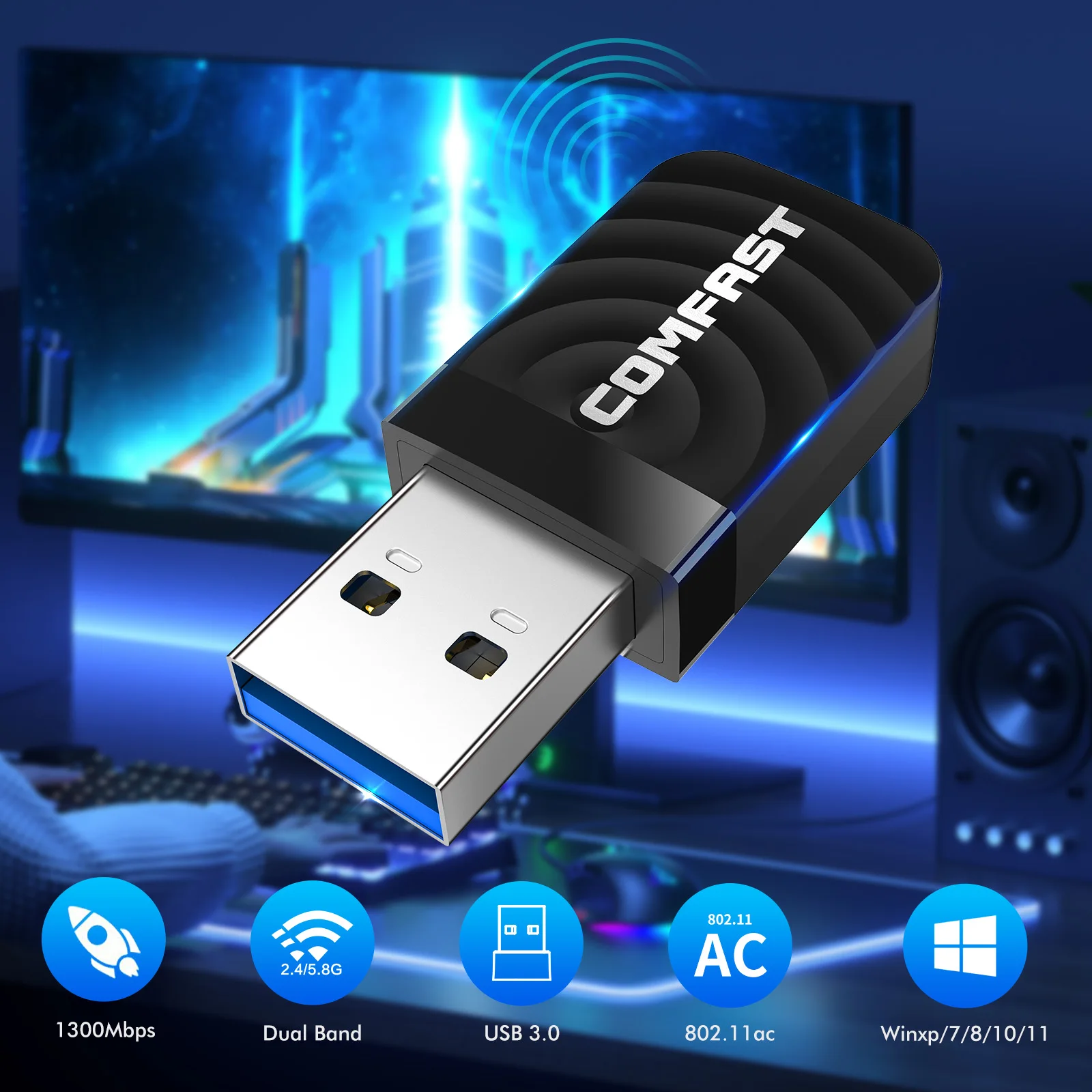 노트북 데스크탑용 듀얼 밴드 와이파이 어댑터 카드, 1300Mbps, USB 3.0 랜 이더넷, 와이파이 동글 안테나, 5Ghz