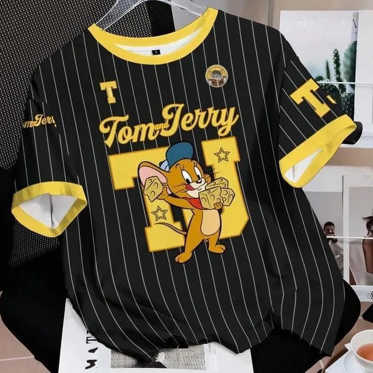 Tom And Jerry Kids Striped Tee Baseball Inspired Jerry Cheese Graphic Print Loose Fit Short Sleeve Casual Couple Fashion Top