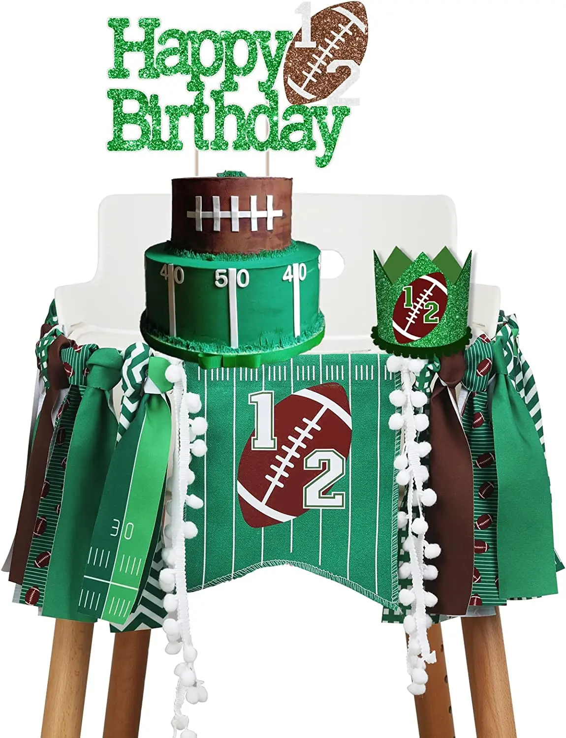 Football Half Birthday Decoration Cake Topper, 1 Way to First High Chair Banner, Crown Hat for Boy 6 Months Rugby Party Supplies