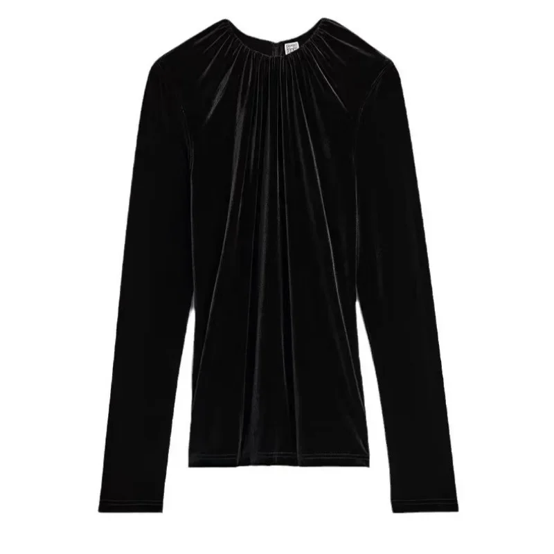 

TOT @-Women's Velvet Long Sleeved T-shirt, Glossy Black Pleated Collar, Classic, New, 2024