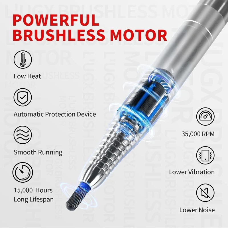 Nail Drill Professional Brushless Electric Nail Drill Machine, Rechargeable Cordless Nail File for Acrylic Gel Nails