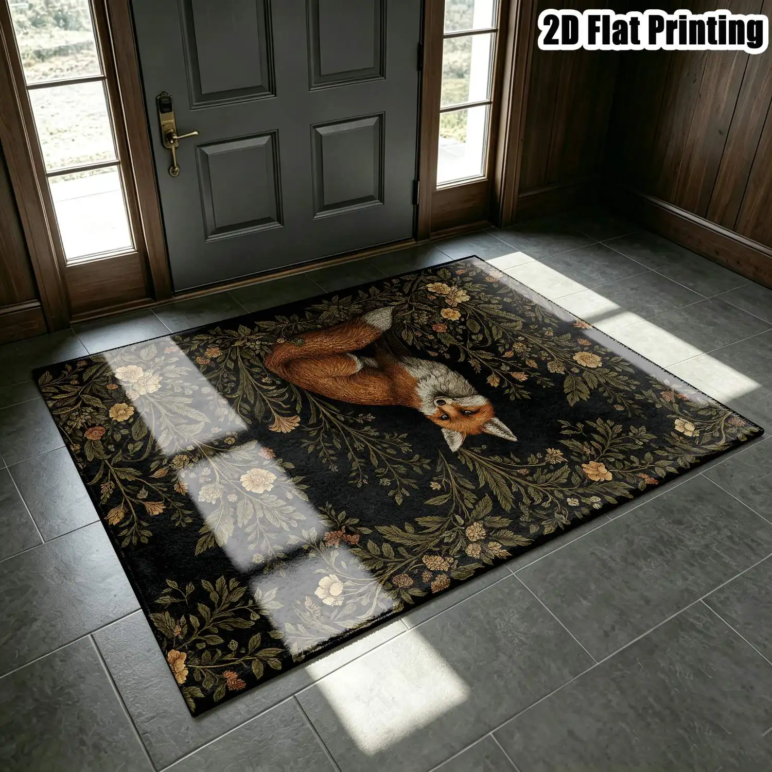1Pc 2D Printed Retro Black-Base Fox Floral Pattern Carpet, European Style Pastoral Floor Mat, Multi-Size Machine Washable Rug for Home Decoration, Entrance/Dining/Bedroom/Living Room