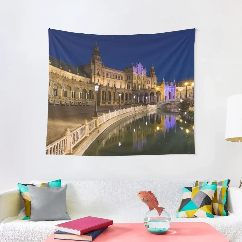 

Andalusian Night Magic - the Magnificent Plaza de Espana in Seville Spain Tapestry Room Decor For Girls Tapestry