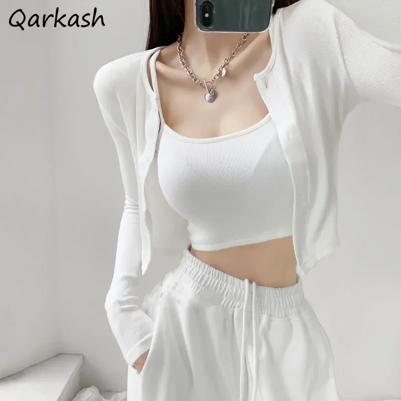 2 Pcs Sets Women Crop Tops Slim Camis O-neck Sun-proof Jackets Summer Fashion Sporty All-match Streetwear Casual Sexy Females