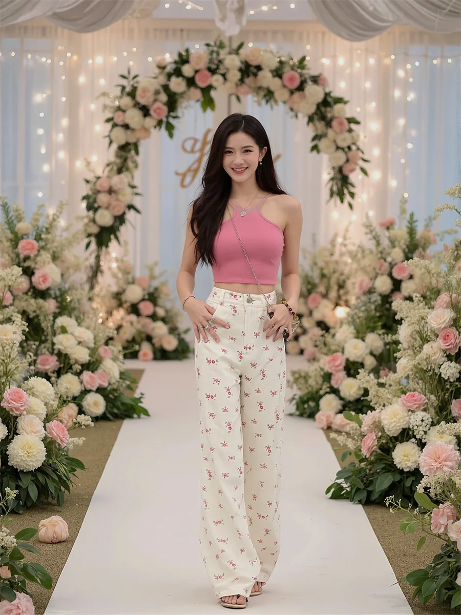 달콤한 꽃무늬 하이웨이스트 청바지 여성용 데님 팬츠 여름 나일론 테이퍼드 E-걸 비치웨어 휴가 리조트 BF