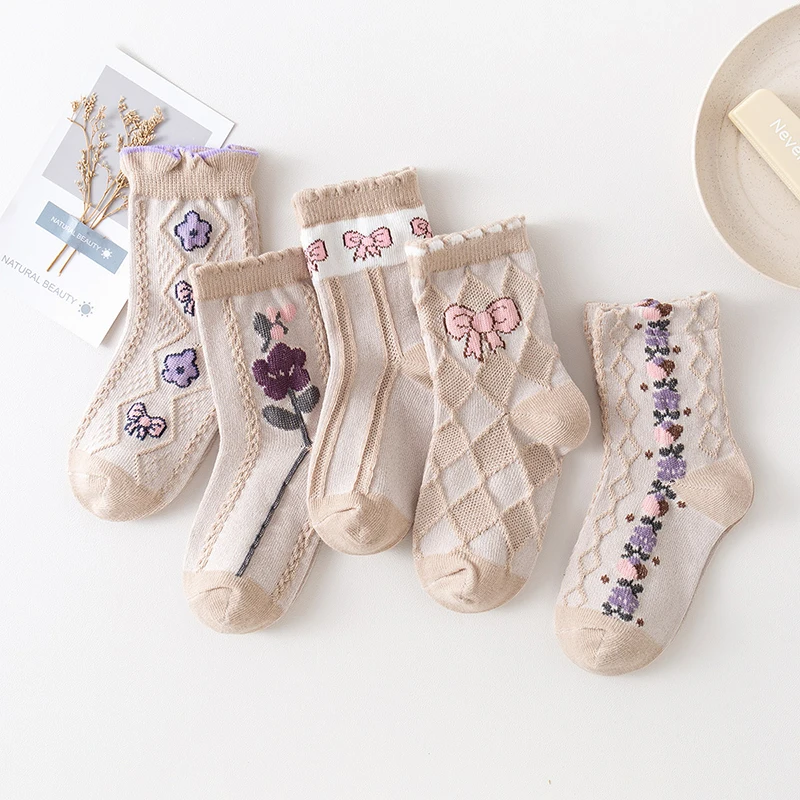 5Pcs/set Children Socks Spring Autumn Girls Sweet Bowknot Flower Anti Slip Kids Cotton  Socks Toddler Boys Floor Socks