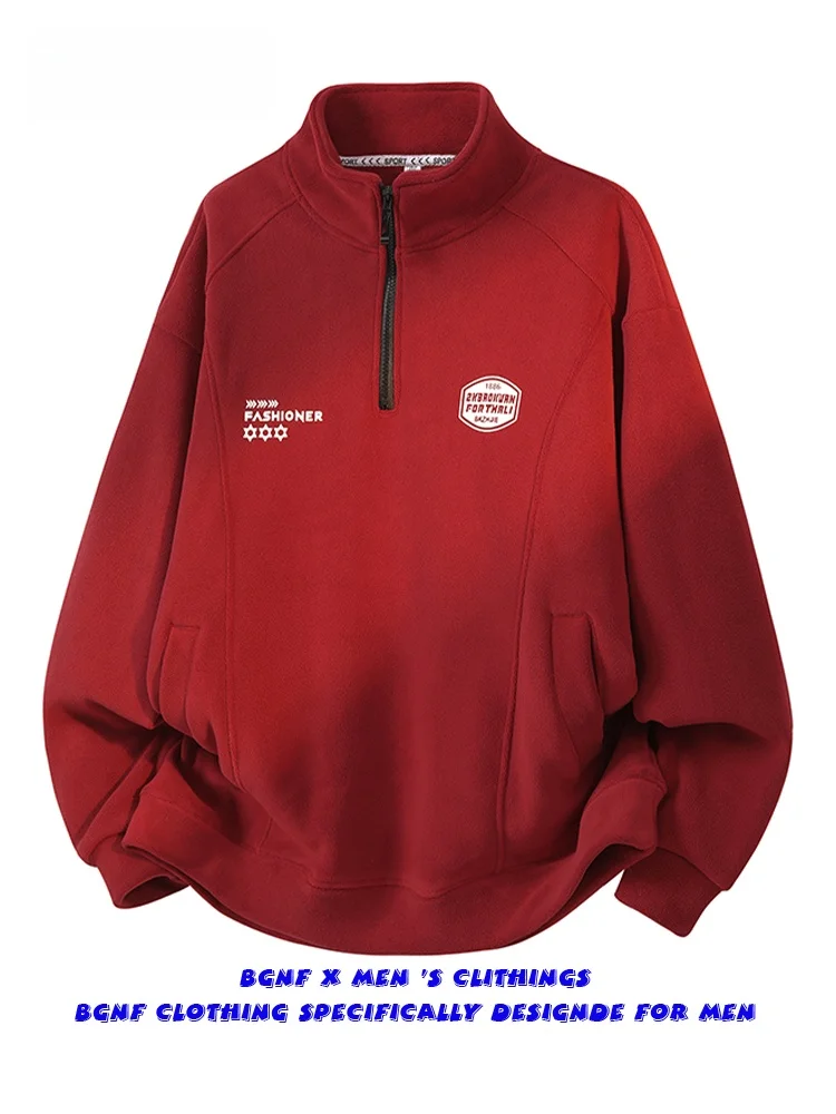Jaqueta Masculina de Inverno Outono com Capuz e Meio Zíper, Gola Alta, Manga Longa, Solta, Pesada, Vermelha, Ano do Zodíaco, ...