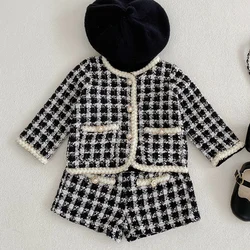 Autumn Winter Korean Style Newborn Baby Girls Clothing Set Long Sleeved Plaid Cardigan Coat+Shorts 0-3Yrs Children Clothes Suit