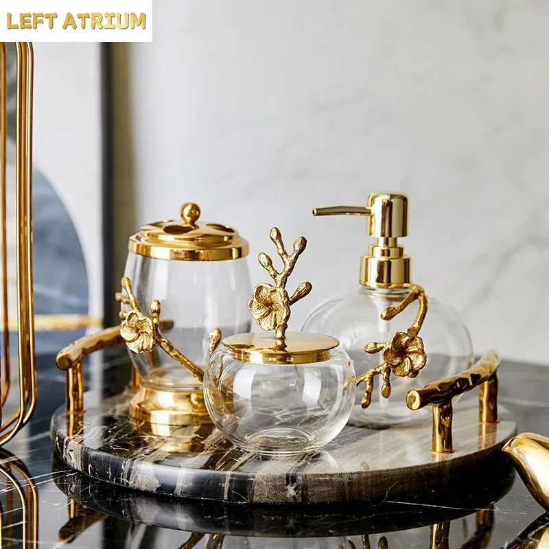 Light Luxury Bathroom Accessories Brass Transparent Crystal Glass Lotion Bottle Storage Tank Cotton Swab Box Marble Storage Tray