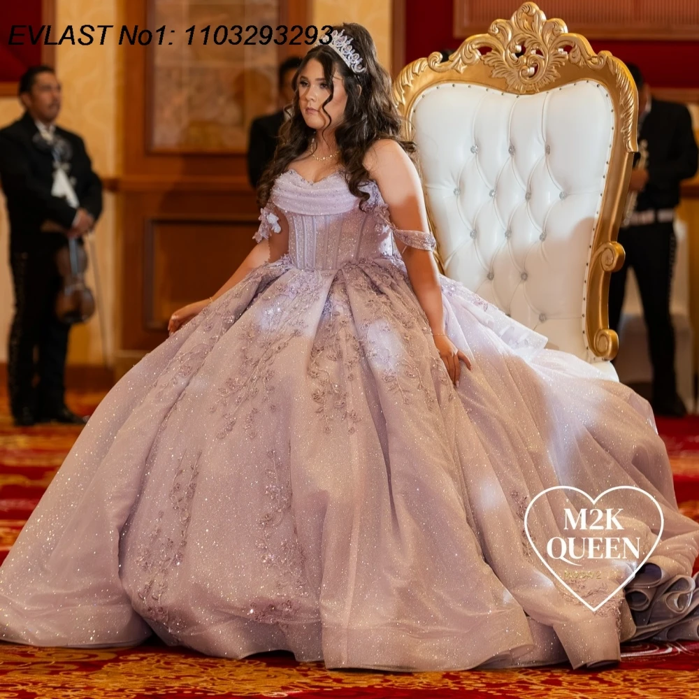 EVLAST Vestido de Quinceañera Mexicano Personalizado Color Lila, Vestido de Gala con Apliques Brillantes y Lazo, Vestidos de 15 Años E1QN922