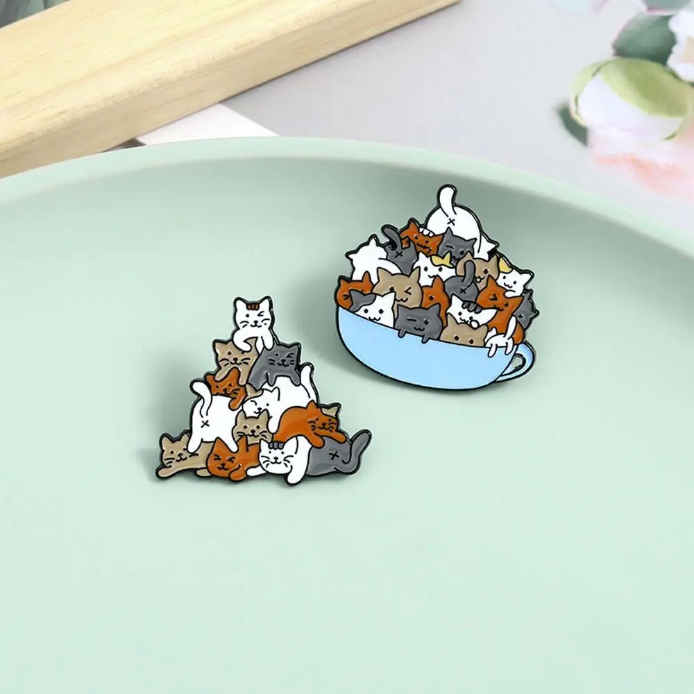 Cartoon Backpack Lapel Pin Coffee Cup Jewelry Accessories A Cup of Cats Lapel Brooch Brooches Pin Cat Brooch Enamel Pin