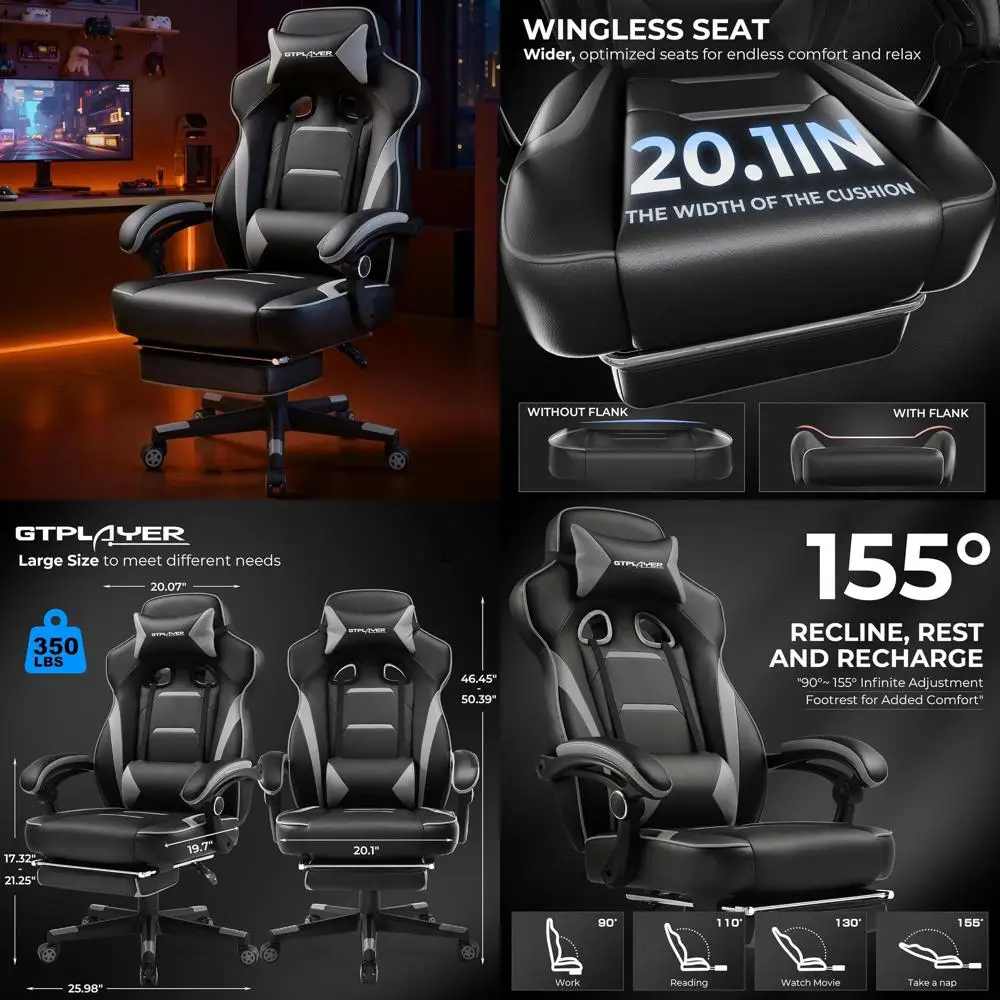 

Эргономичное игровое кресло с высокой спинкой и подставкой для ног, для высоких и крупных людей, грузоподъемность 350 фунтов, светло-серое