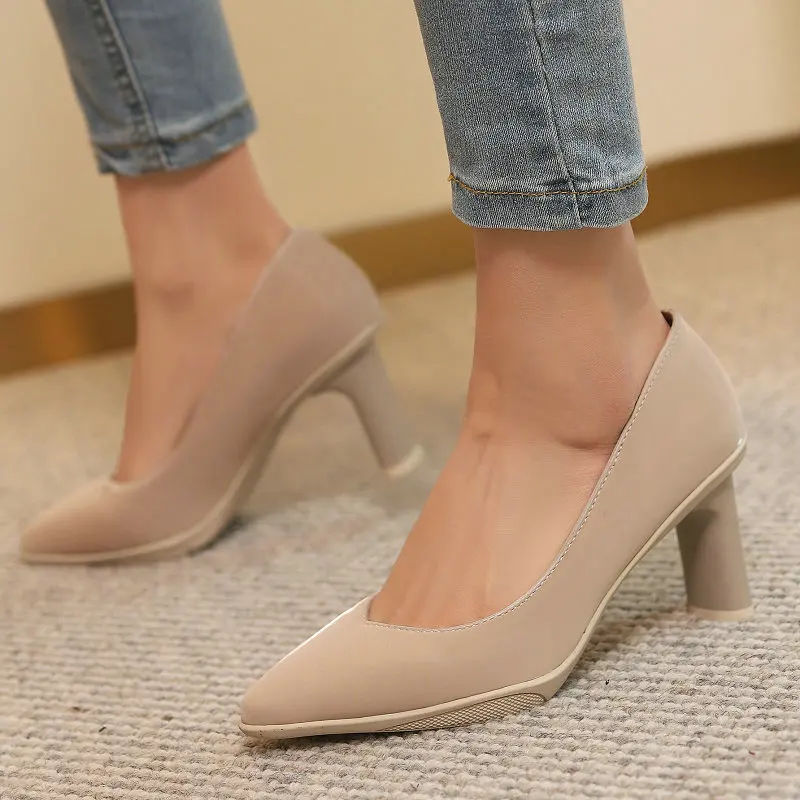 Pink Nude Color Mature Lady Shoes Spring Summer Pointed Toe Thick Heel Slip-ons Women Loafers Small Size 33 Western Pumps Heels