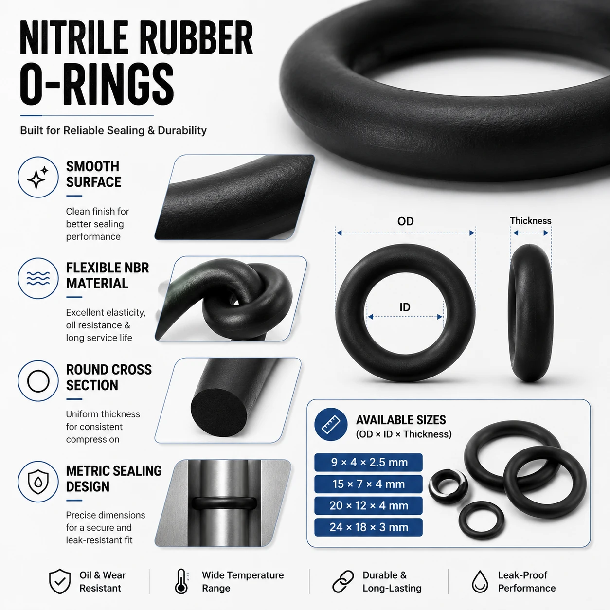 50Pcs Nitrile Rubber O-Rings, 9-24mm OD Metric Sealing Gasket 2.5-4mm Thick for Automotive Machinery Plumbing
