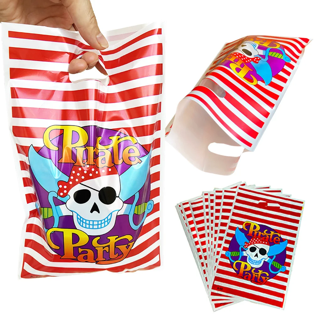 

30 PCS Pirate Gift Bags Red White Stripe Plastic Bags Halloween Nautical Pirate Themed Birthday Party Supplies Skull Candy Bags
