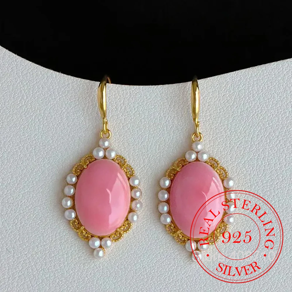925 Sterling Silver Jewelry Delicate Crystal Pink Stone Pearl Drop Earrings for Women Wedding Party Jewelry for Girl Friend Gift