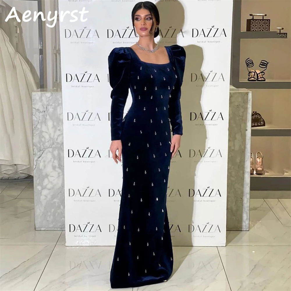 

Aenyrst Vintage Long Sleeves Velour Saudi Arabia Evening Dresses Mermaid Crystal Prom Dress Floor Length Formal Occasion Gowns