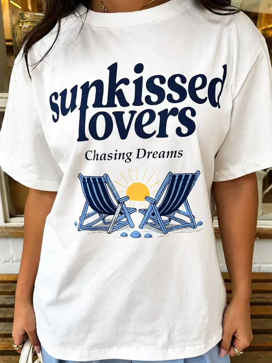 Beach Style “sunkissed Lovers and Chasing Dreams” French Fashion Graphic T-shirt Women Summer Short Sleeve Y2K Top Daily Trendy