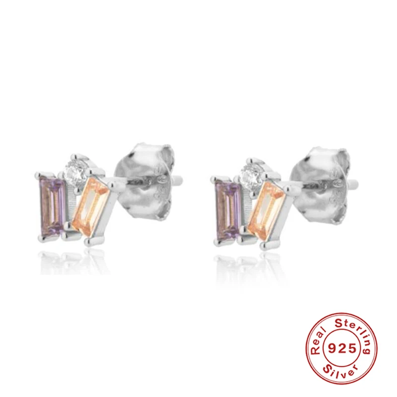 LENNIK 100% 925 Sterling Silver Mini Stud Earring Colorful Rainbow CZ Zircon Silver Color Climber Punk Party Gifts Fine Jewelry