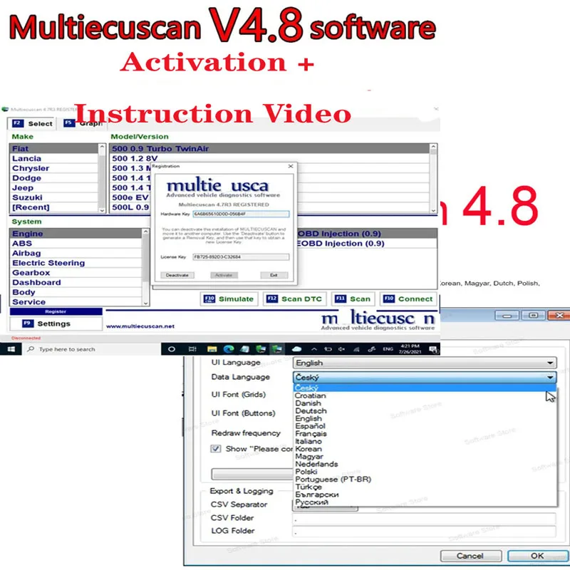 

Multiecuscan V4.8 Registered for Fiat Scanner Unlimited Scan Work With ELM327 /Chrysler/Dodge/Jeep/Suzuki Scanner + Activation