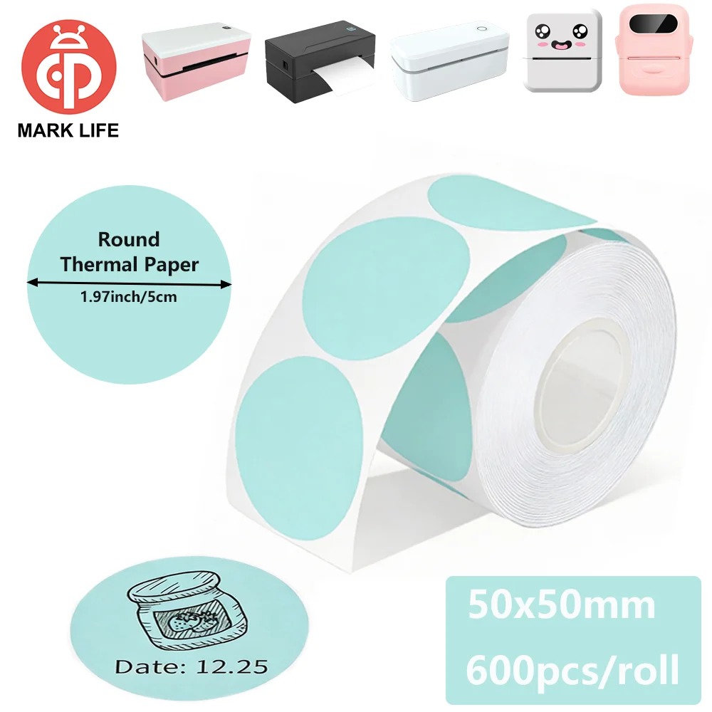 

Термобумага Marklife, 600 шт./рулон, 50x50 мм, цветные круглые термонаклейки, самоклеящаяся бумага для принтеров P50/D100/D200
