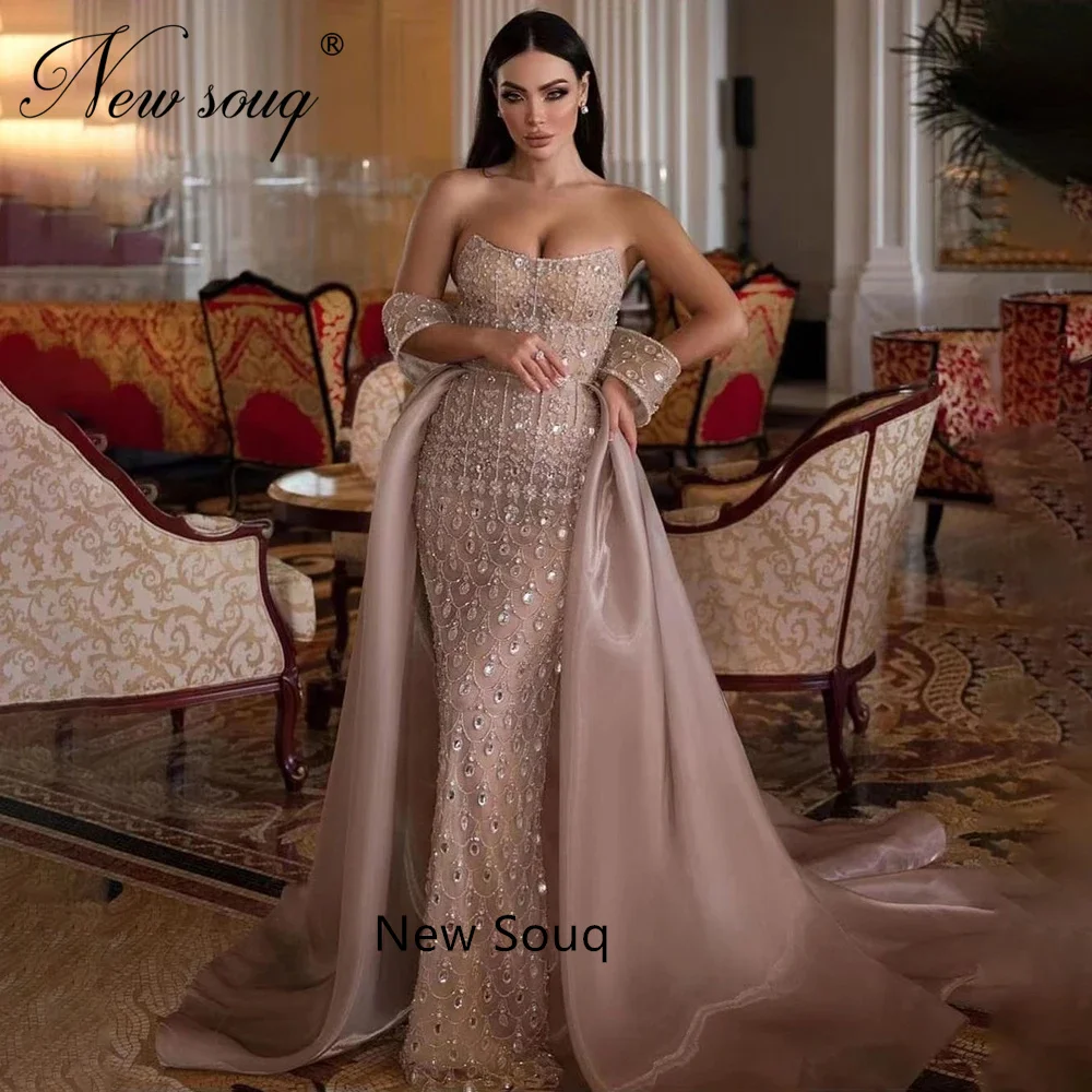 Luxe Off De Schouder Saudi Arabische Avondjurken Sparkly Kralen Prom Dress Mermaid Crystal Celebrity Partij Jassen Aso Ebi