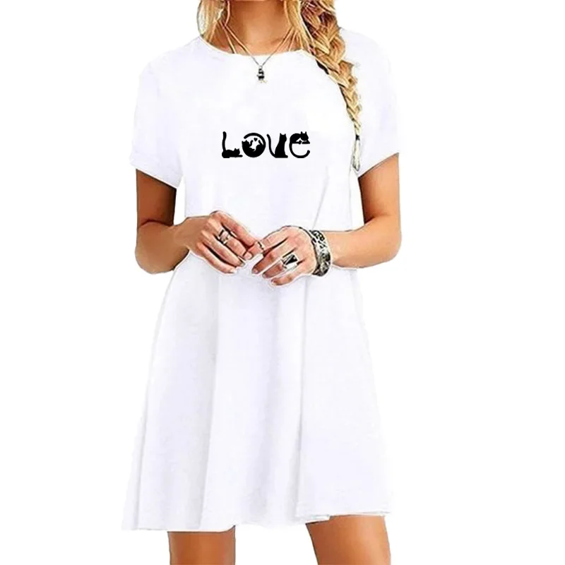 Nuovo vestito donna estate cartone animato lettera d'amore gatto stampato O collo solido t-shirt vestito Sexy Mini abito femminile abbigliamento Casual da spiaggia