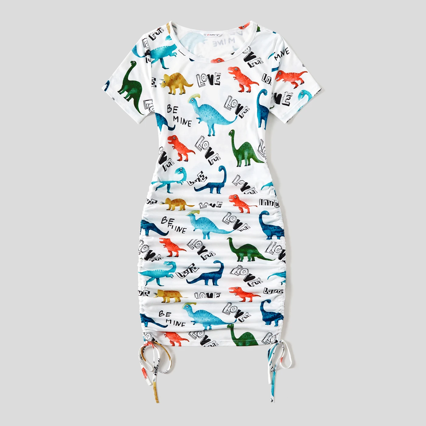 PatPat Family Matching Allover Dinosaur Print Drawstring Ruched Bodycon Dresses and Short-sleeve T-shirts Sets