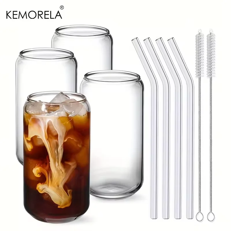 KEMORELA 4PCS Glass Cup With Lid and Straw, Clear Bubble Tea Cup Glass Beer Can Milk Mocha ,Breakfast Mug Drinkware Cups Party