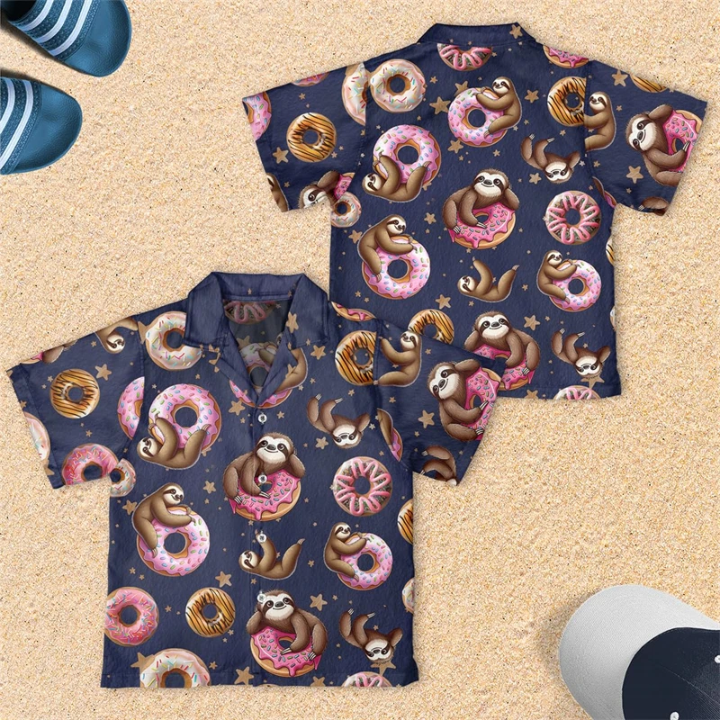 Baju pantai grafis donat Kawaii baju pantai makanan kasual blus lengan panjang makanan ringan kartun blus kerah donat atasan Makanan Penutup