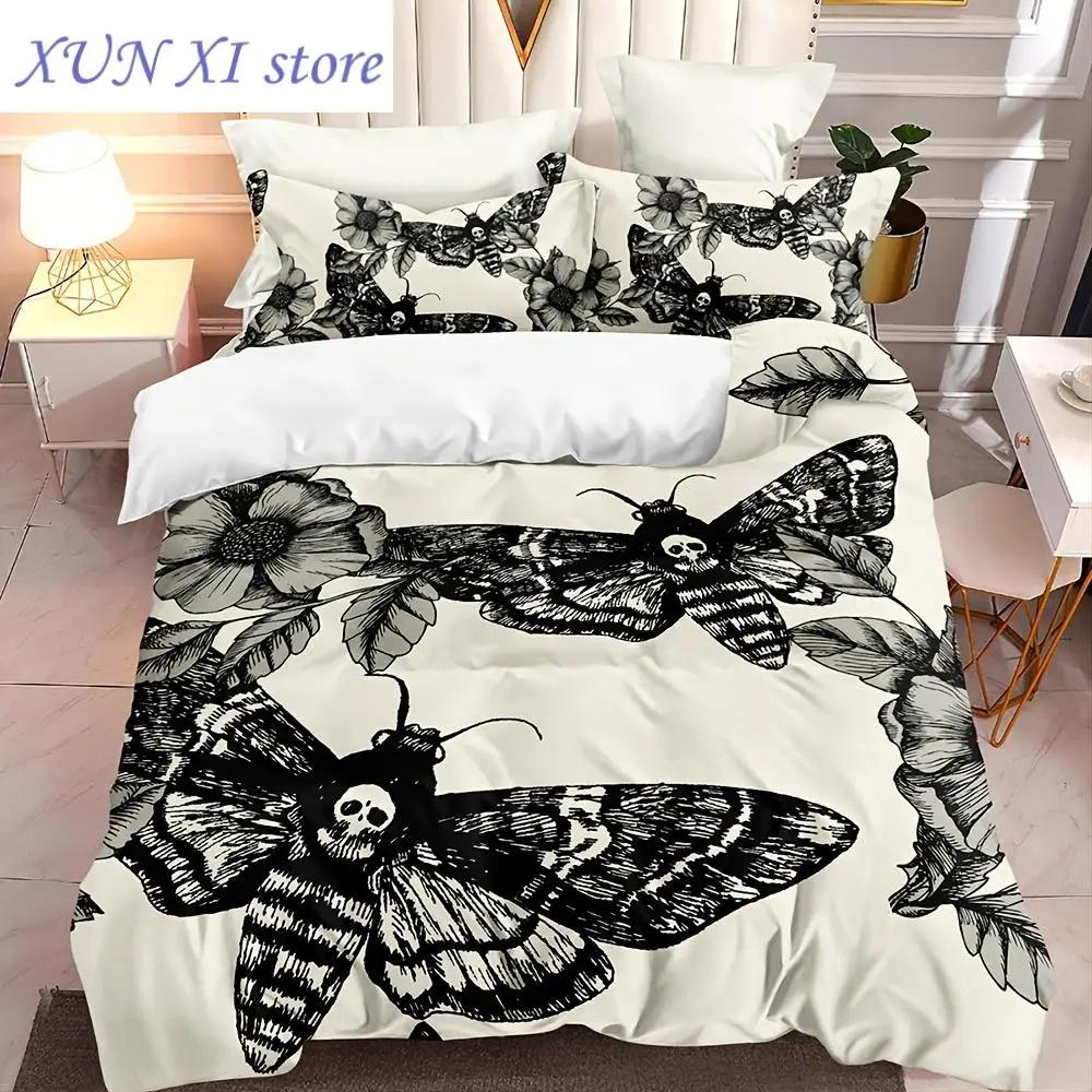 

2023 3pcs/set Skull Moth Pattern Duvet Cover Set, Death's Head Moth And Flower Pattern (1pc* Duvet Cover 2pcs* Pillowcases)