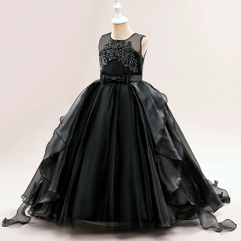 Pageant Long Black Party Dress For Girls Children Costume Crystal Princess Dresses Girl Dress Vestidos Wedding Prom Gown 4-14Y