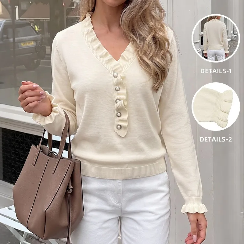Women's Winter Clothing V Neck Long Sleeve Casual Knit Sweater Solid Color Regular Fit Ruffle Medium Weight Woman Clothes