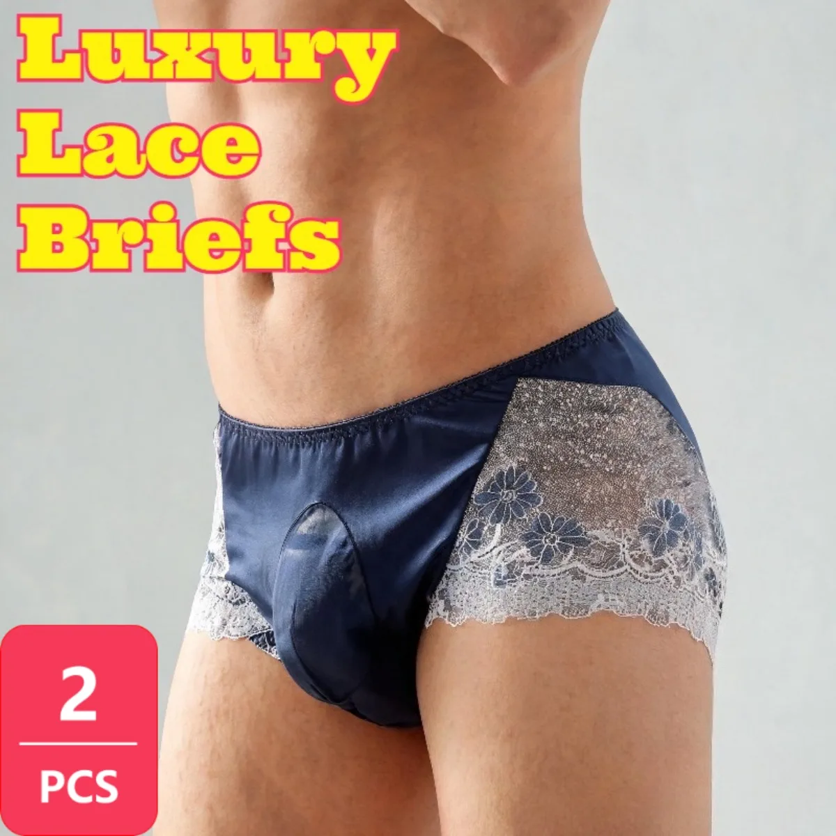 2 pièces de slips en dentelle pour hommes en soie glacée satinée de luxe, taille basse, avec dentelle florale sur les côtés, respirants, doux, confortables, ultra-fins, à séchage rapide et à bords finis.