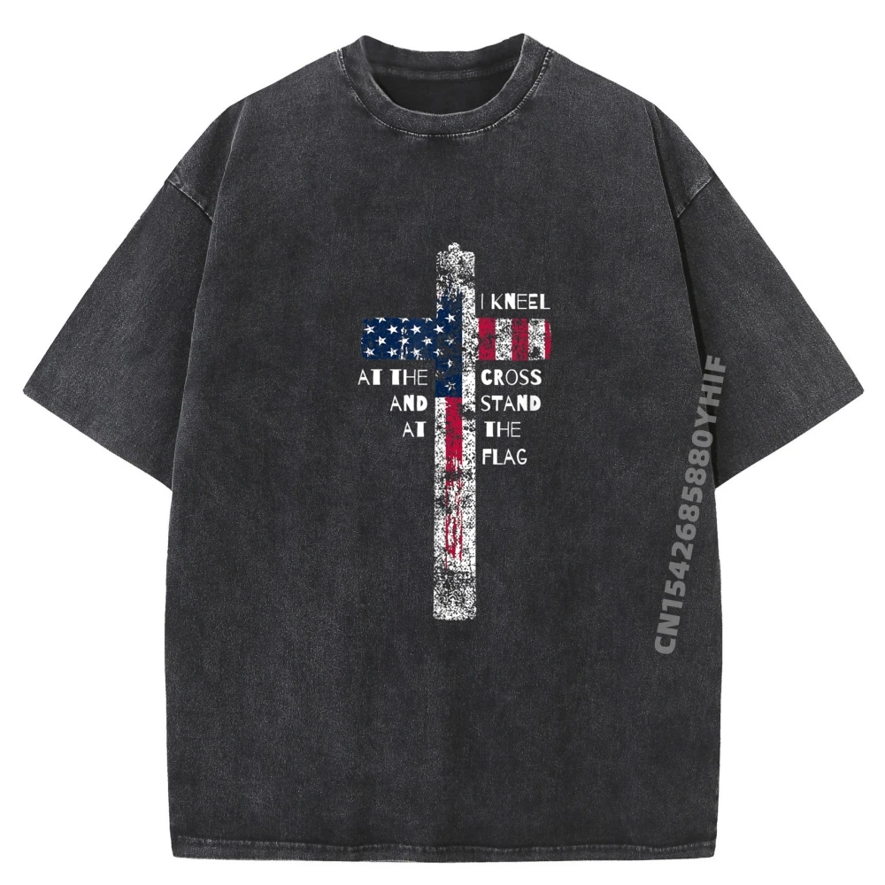 

I Kneel At The Cross And Stand At The Flag Shirts Men Graphic Tshirt Aesthetic Printed Tees Mens Retro Washed Shirt