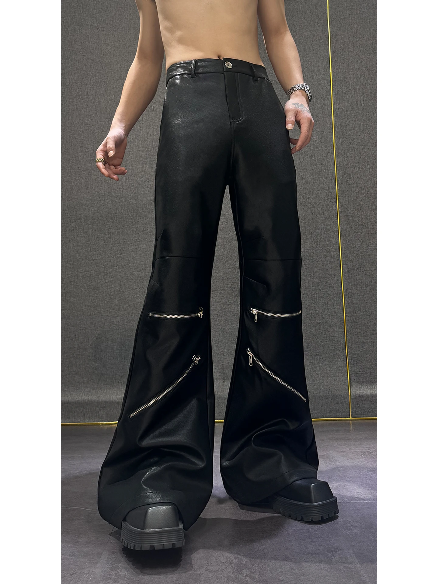 2025 New Fashion Trend Heavy Stitching Knee Zipper Flared Pants High-end Design Unique Personality Long Pants for Men